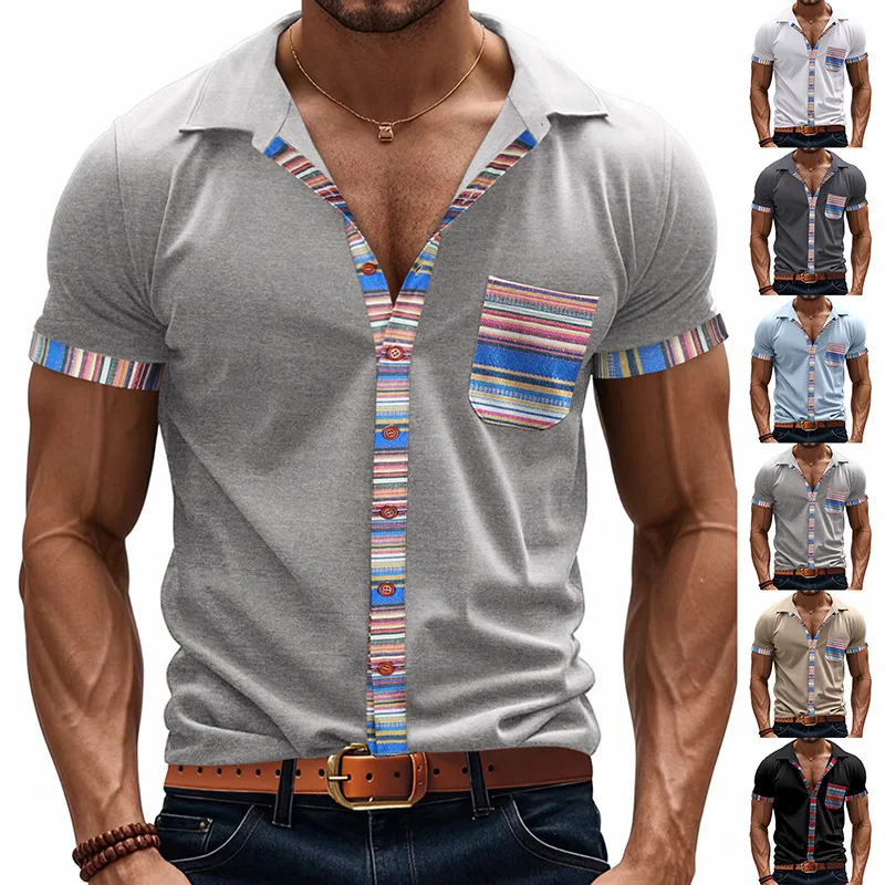 

New Summer Hot-Selling Fashion Trend: Men's Loose Casual Light Luxury Bohemian Style Color-Block Short-Sleeve Cardigan Shirt