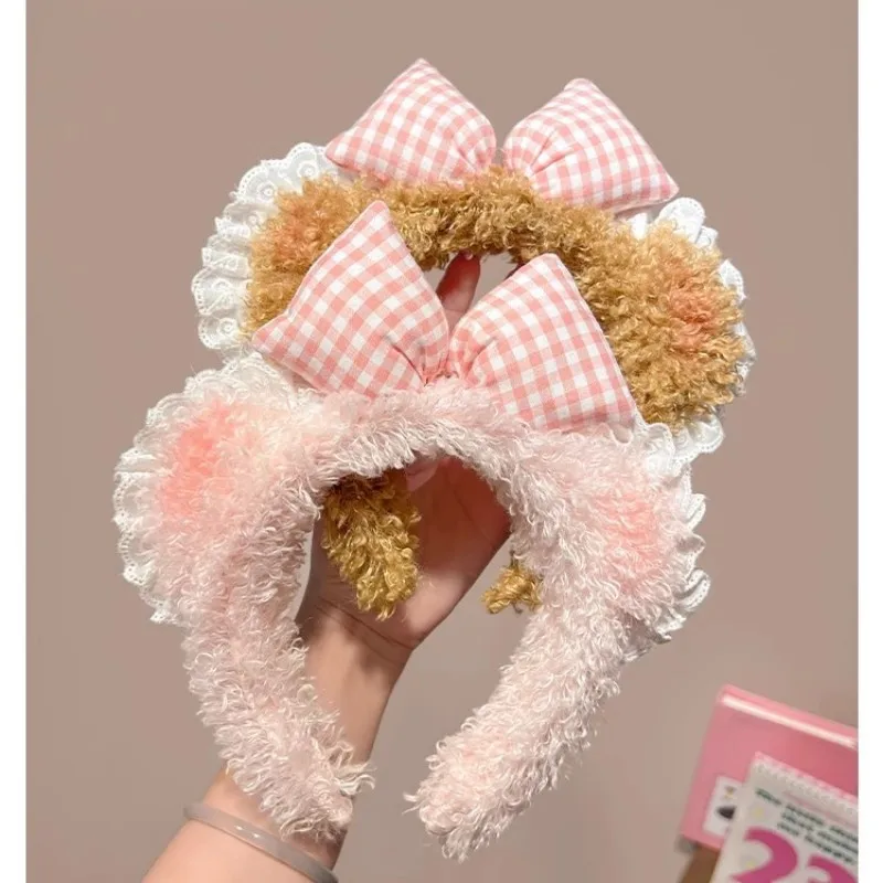 Korean Cute Blusher Bear Ears Bow Lace Headband Sweet Girls Plush Hair Band Makeup Hair Hoop Kawaii Women Hair Accessories