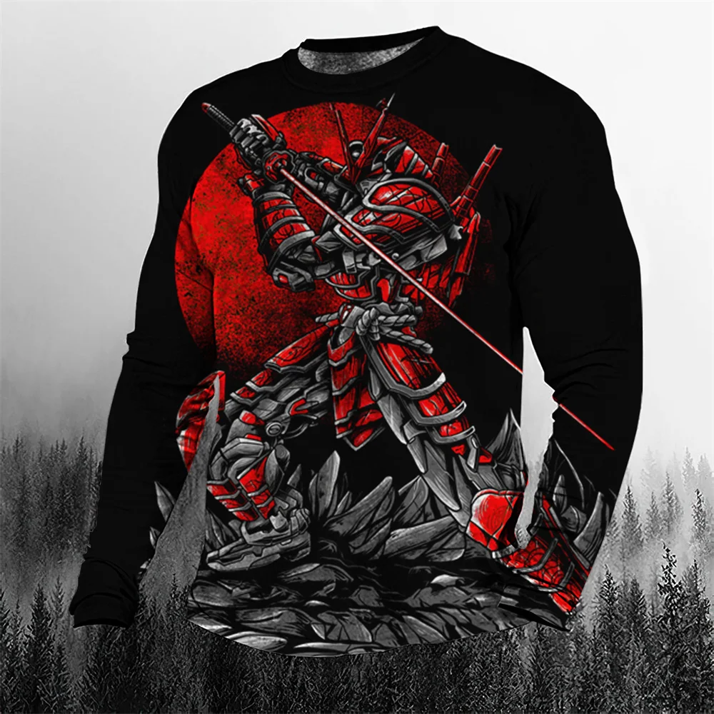 

Super Cool Vintage Japanese Samurai Men's T-shirt O-Neck Cotton Men's Clothing Oversized Casual Long Sleeve Tops Printed