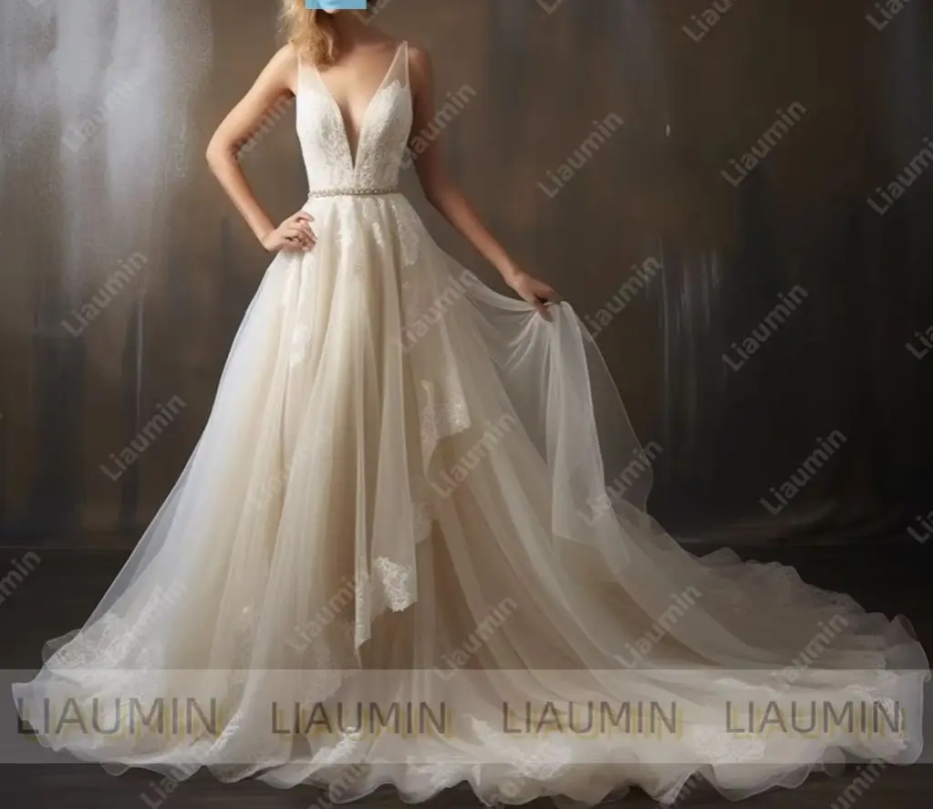 Classic A Line Champagne Tulle Lace Applique V Neck Prom Formal Wedding Dresses Evening Lace-Up Back Customized Made A8.1.25