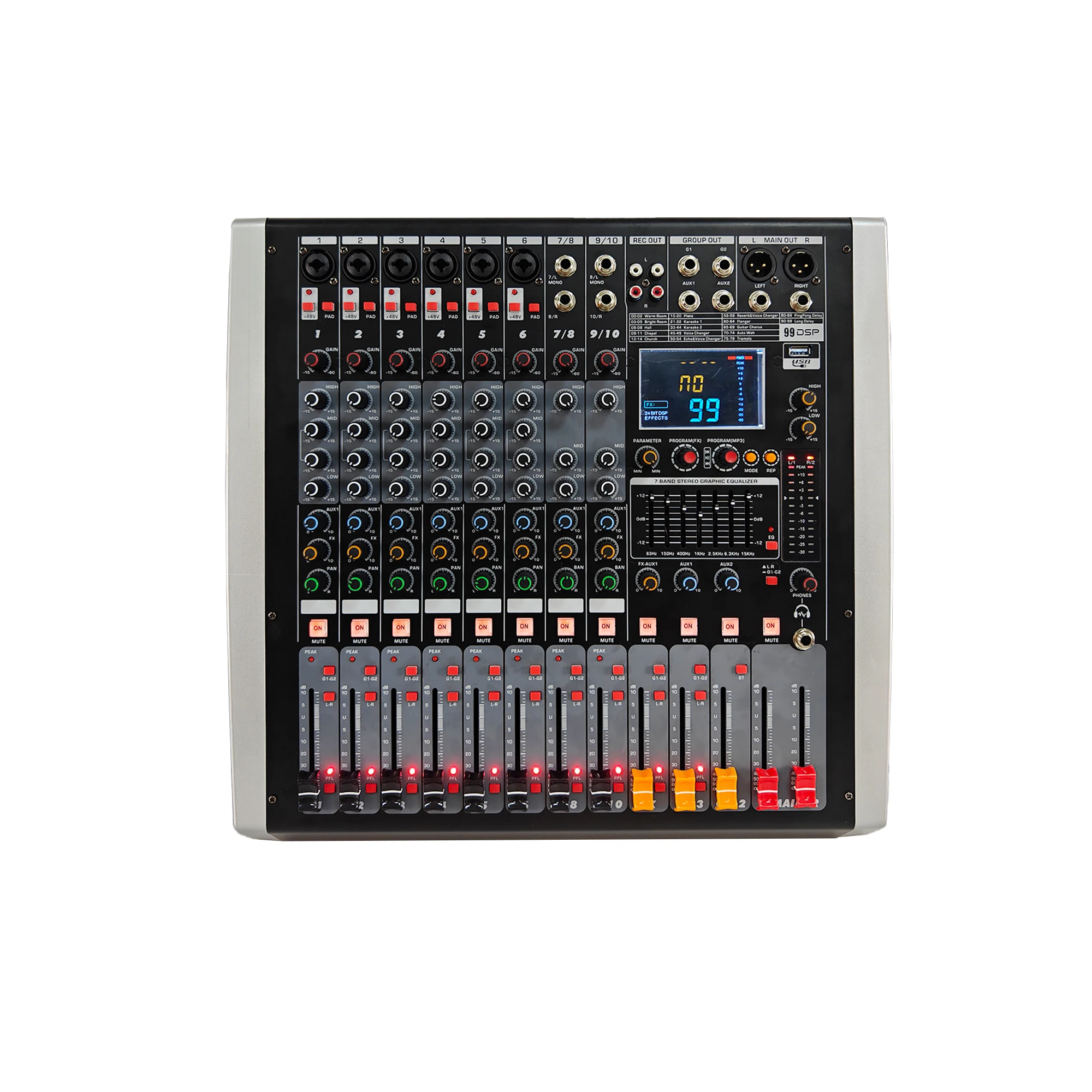 Professional 10-Channel Audio Mixer Console DJ Controller for Stage and Outdoor Sound Systems with Built-in 48V Phantom Power