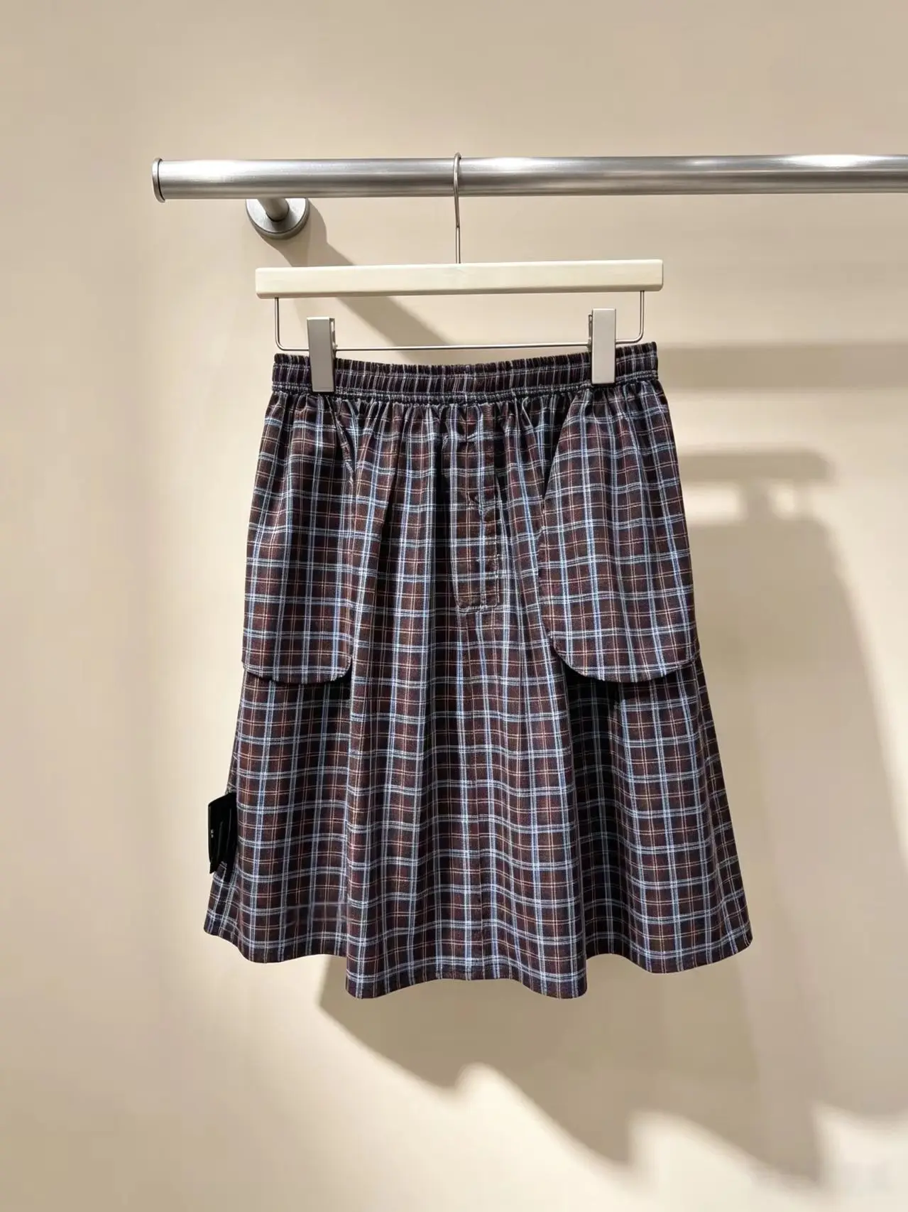 New retro brown blue plaid half skirt with elastic waist and decorative button embroidery A-line pure cotton half skirt women