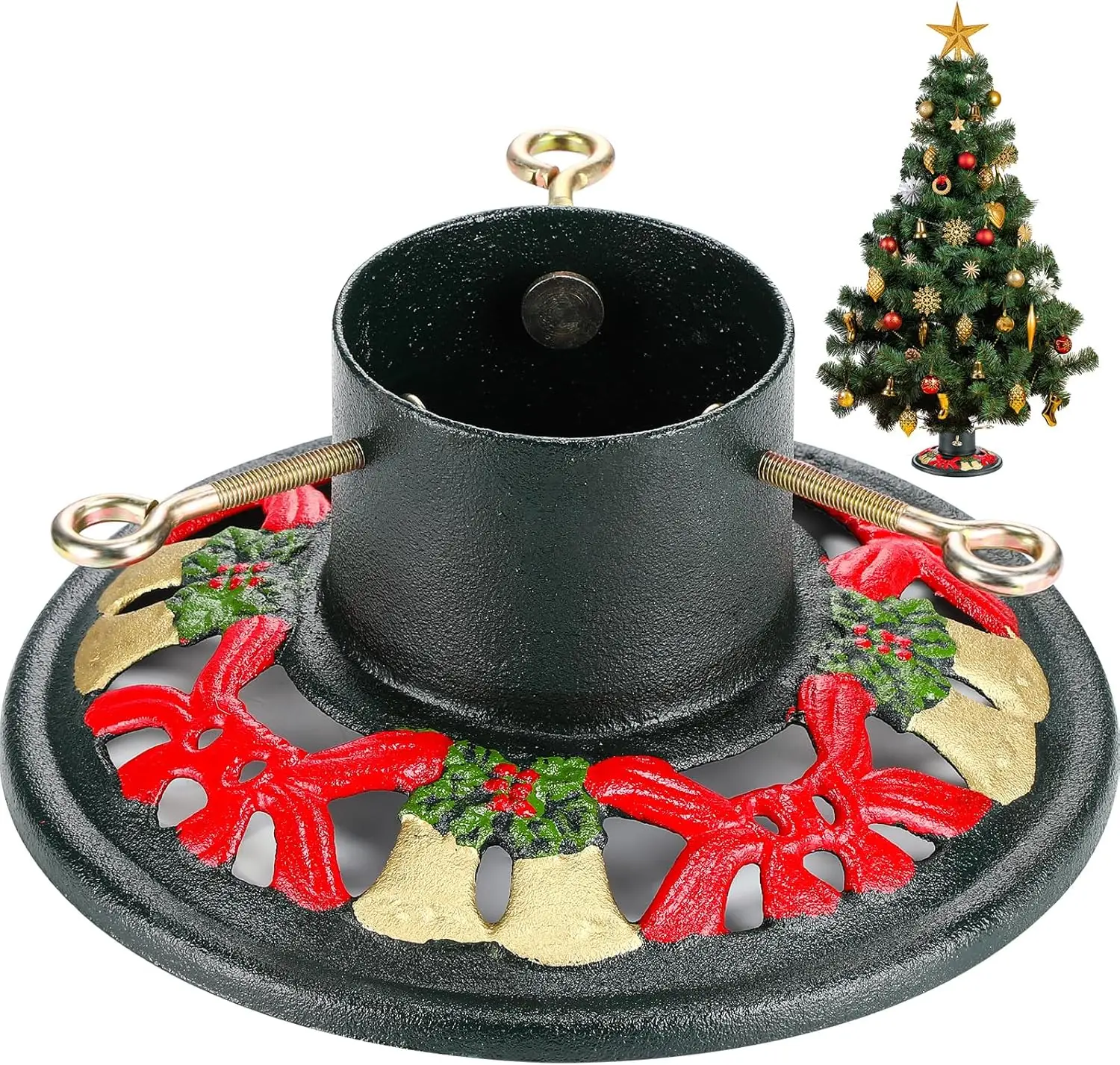 

Christmas Tree Stand for Live Trees, Cast Iron Base, Supports up to 8ft, 4-Inch Diameter, 120lb Capacity, Rustic Decoration with