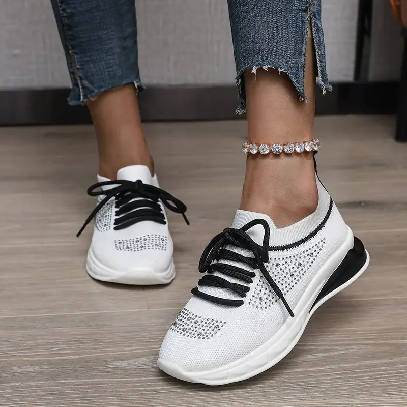 Women's Running Sneakers Outdoor Shock Rhinestone Sports Shoes Lightweight Ladies Comfortable Mesh Casual Footwear Spring Autumn