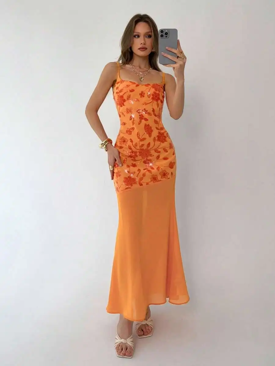 Womens Orange Sequin Embroidered Chiffon Spaghetti Strap Maxi Mermaid Dress For Party Wedding Beach Evening