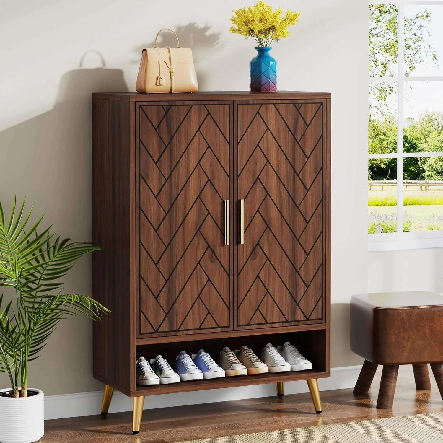 6-Tier Shoe Cabinet with Doors, Wooden Shoe Storage Cabinet with Adjustable Shelves for Entryway, Hallway, Bedroom (Walnut) image 4