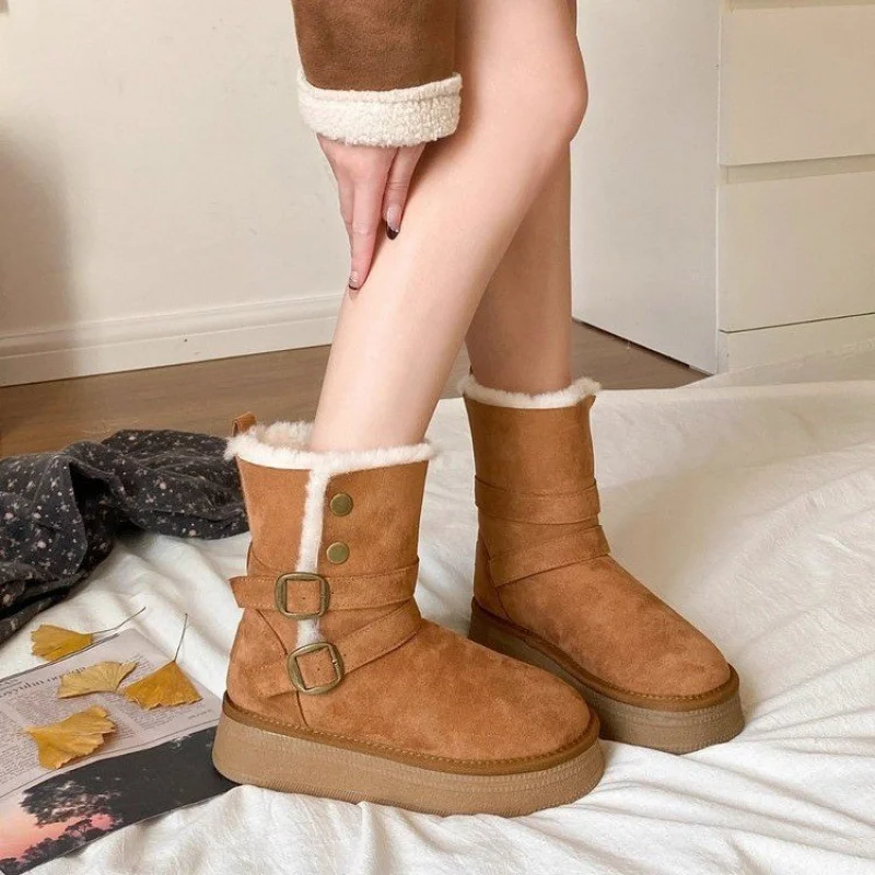 

2025НовинкаЖенские зимние ботинки 2-в-1, ботинки средней длины на толстой подошве, на подкладке из теплого искусственного меха, с пряжкой и точечным воротником, нескользящая обувь