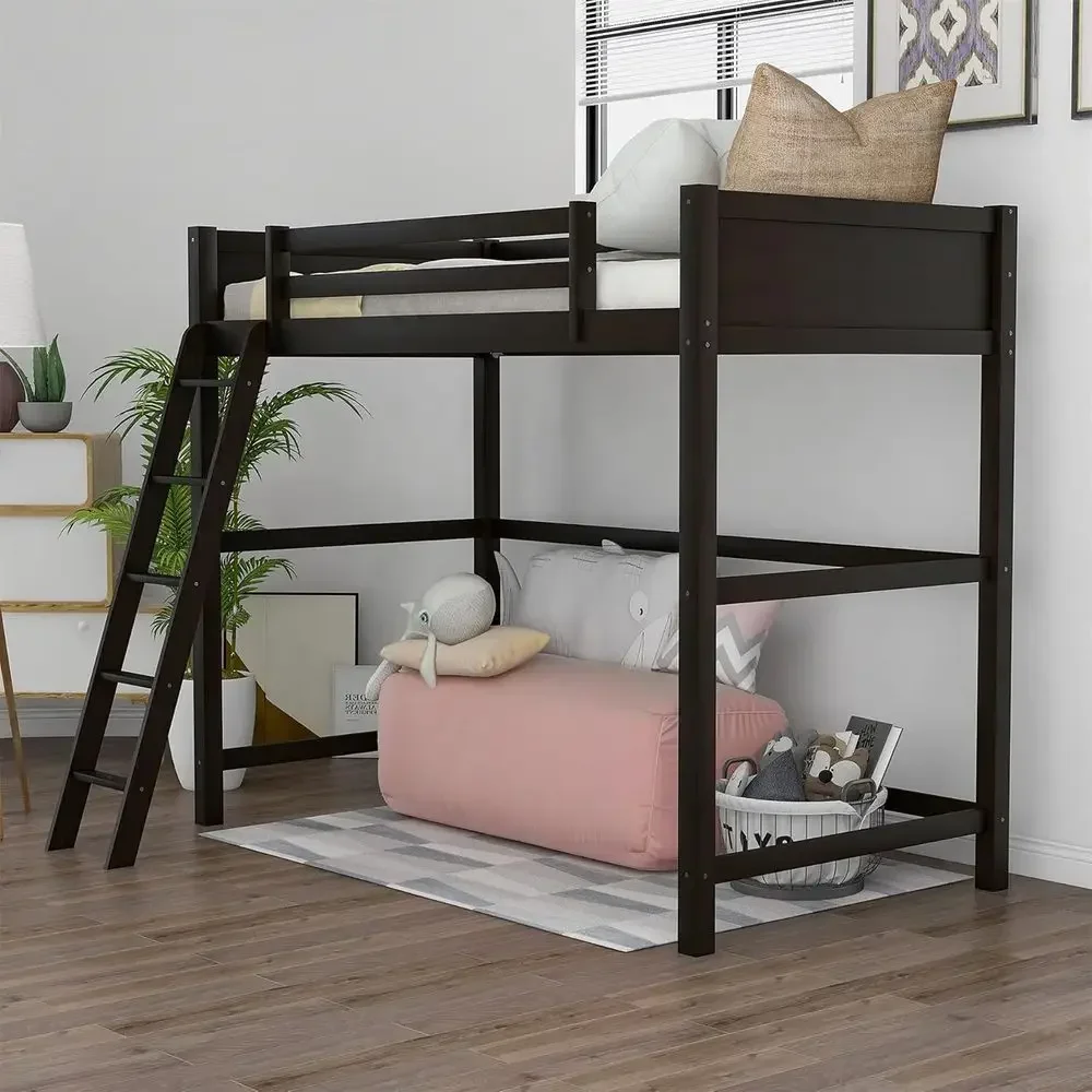 Twin Size Wooden Loft Bed with Ladder, Suitable for Kids, Teens, and Adults