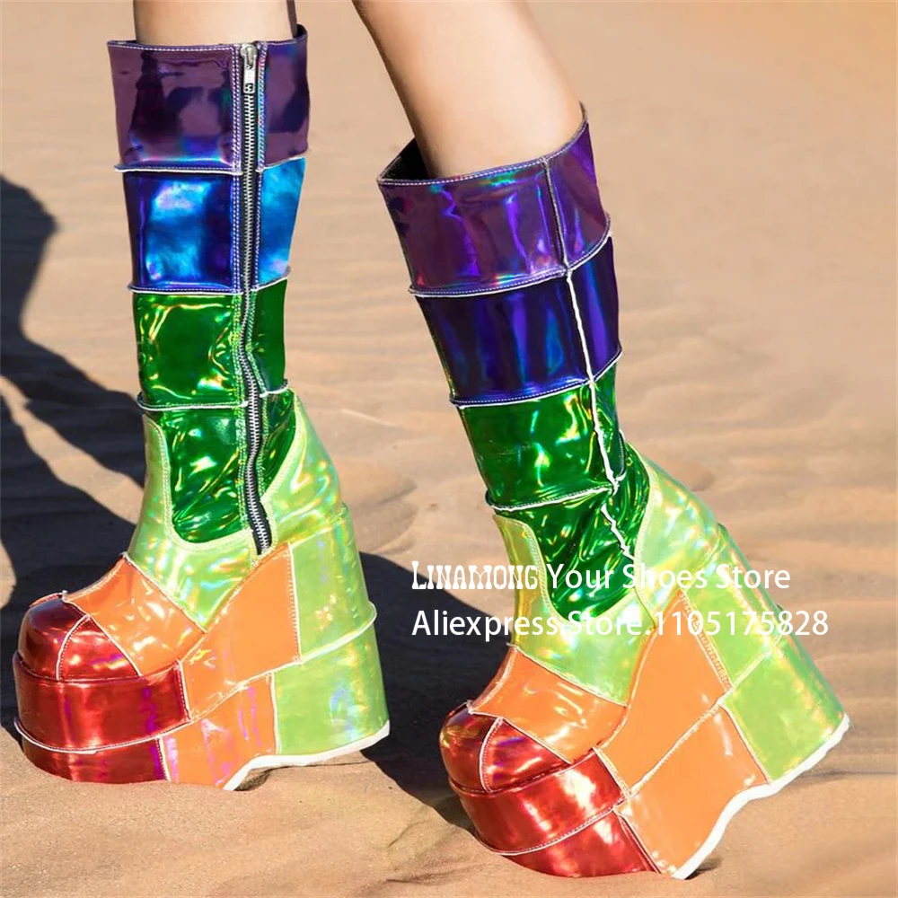 Rainbow Metallic Leather Stacked Platform Boots Fashionable Style Colorblock Wedge Boots Round Toe Side Zipper Knee High Boots