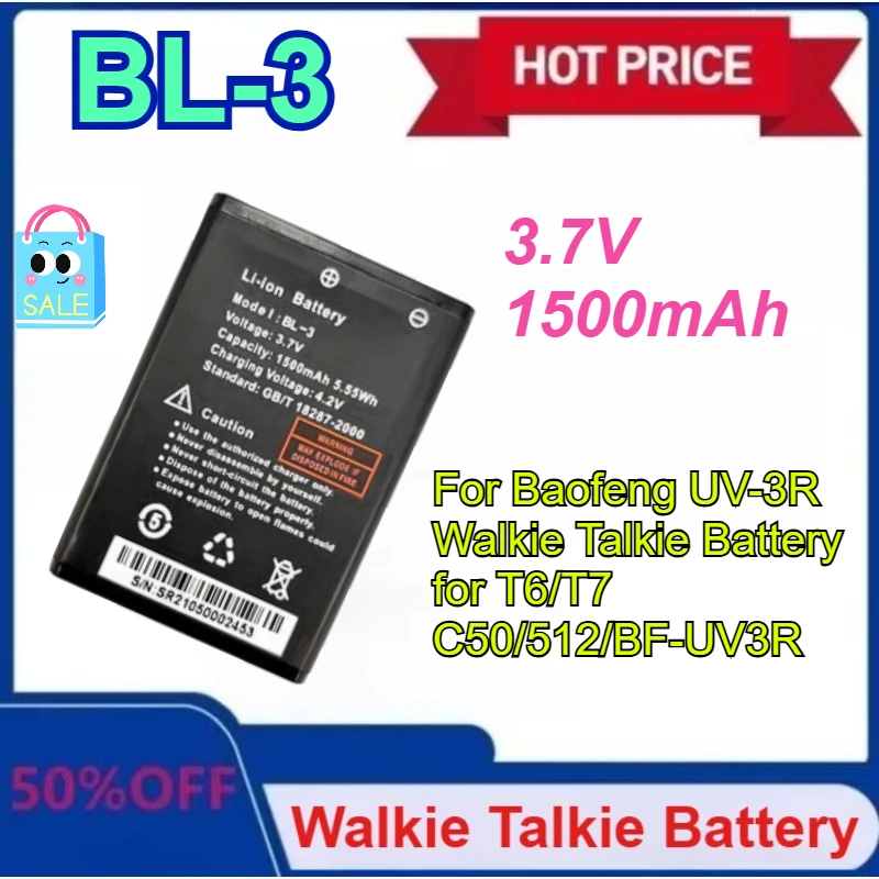 Nuevo BL-3 3,7 V 1500mAh para Baofeng UV-3R Walkie Talkie batería para T6/T7 C50/512/BF-UV3R accesorios de Radio bidireccional batería de Radio