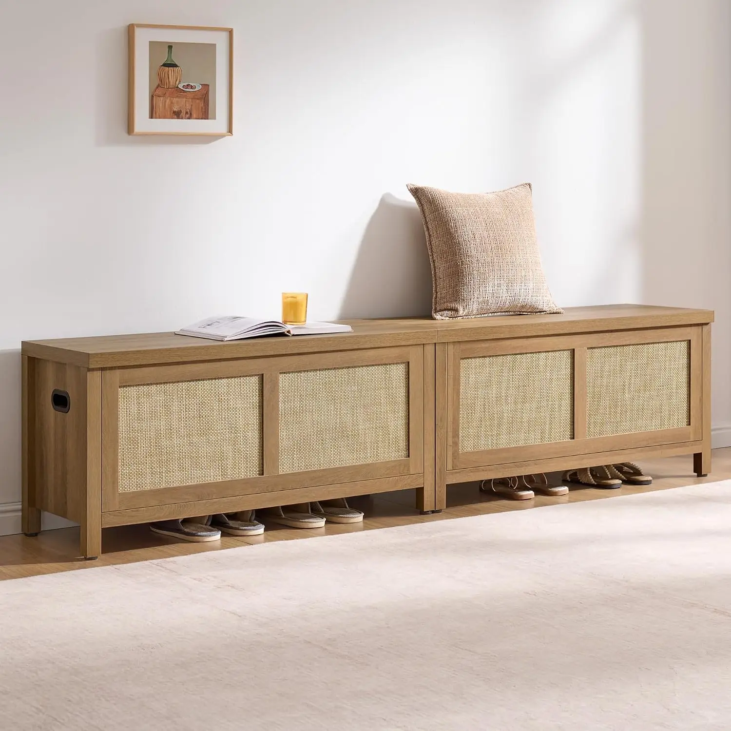 Boho Rattan Storage Bench Set 2, Flip Top Safety Hinges, Bedroom Living Room Entryway, 39.4