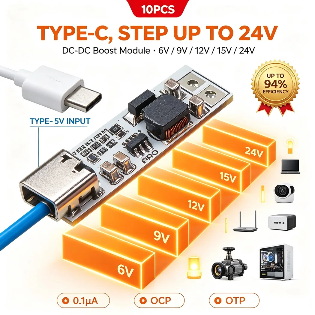 10PCS DC-DC Boost Converter 1.2MHz Type-C Input Auto PFM/PWM 6V/9V/12V/15V/24V Output Up to 94% Efficiency