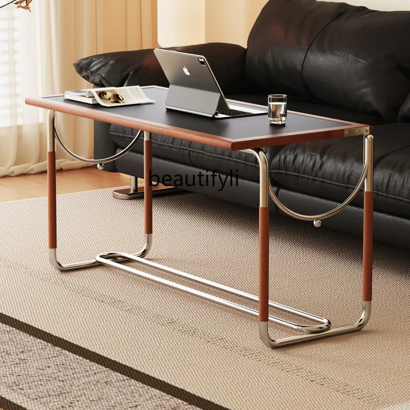 

Medieval liftable rock slab coffee table living room solid wood stainless steel multi-functional small tea table