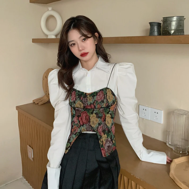 Women Two Piece Sets Vintage Lace-up Floral Camisoles French Puff Long Sleeve Shirts Fashion Princess Spring Fall Aesthetic Tops