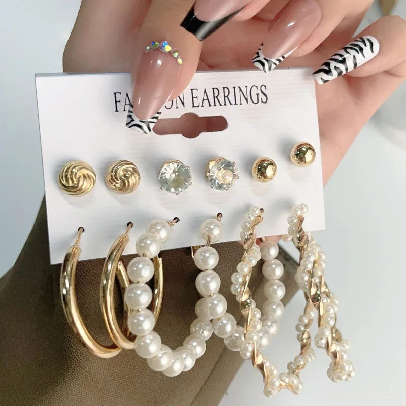 New Arrival 6 Pairs/set Women Earrings New Golden Vintage Fashion Earrings Ear Studs Hoop Earrings Imitation Pearl Earrings image 2