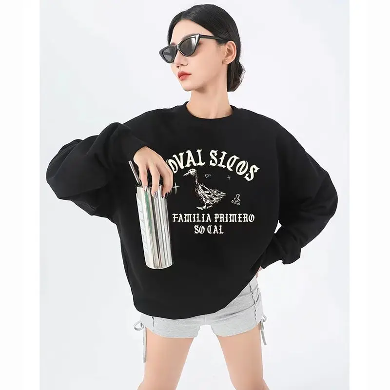 

Retro Duck Print Hoodie for Women's Heavyweight New Pure Cotton Loose Off-the-shoulder Autumn and Winter Top Round-neck Pullover