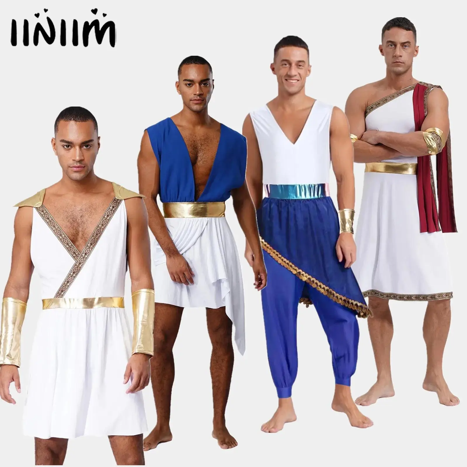 Disfraz de Toga griega antigua para hombre, disfraz de Halloween de Egipto, escote en V profundo, cintura metálica, bata romana, Fiesta Temática, trajes de juego de rol