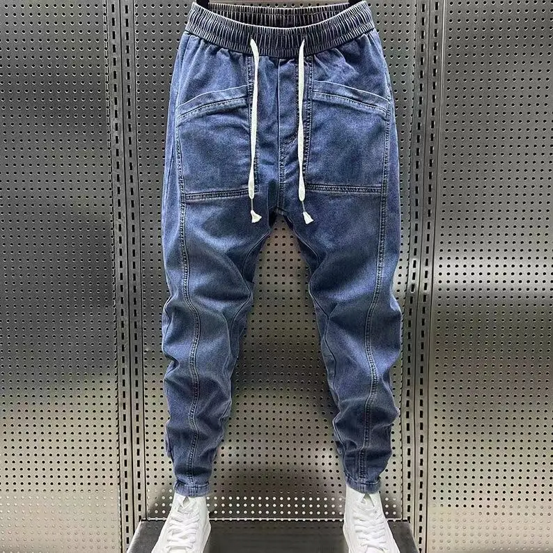 Harajuku Fashion Men's Casual Kpop Designer Baggy Loose Elastic Waist Denim Jeans Spring Autumn Drawstring Jeans Luxury Trousers