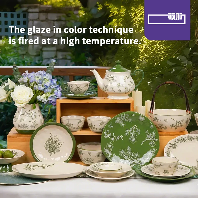 

Vintage Ceramic Cutlery Set Green Floral Pattern High-Quality Green White Porcelain Tableware Ceramic Bowl Plate Dinnerware Set
