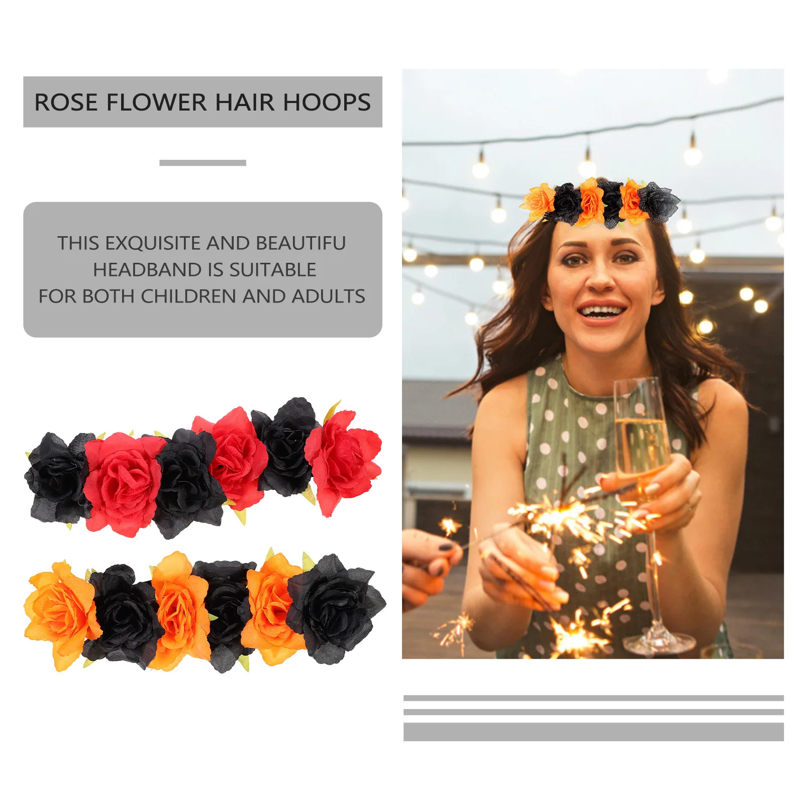 

2 шт., венок для волос с имитацией цветка, повязки на голову с розами на Хэллоуин, эластичные аксессуары для волос с цветочным принтом для вечеринки, повязка для волос
