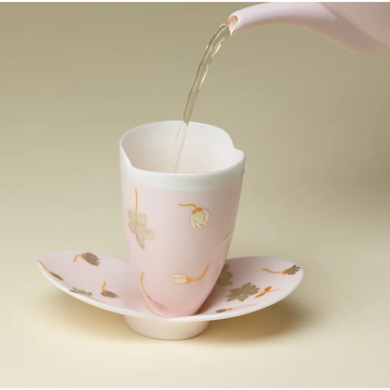 Pink Cherry Blossom Silver Magnolia Ceramic Teacup And Coaster Set  Beautiful Household Kung Fu Tea Dining Table Decor