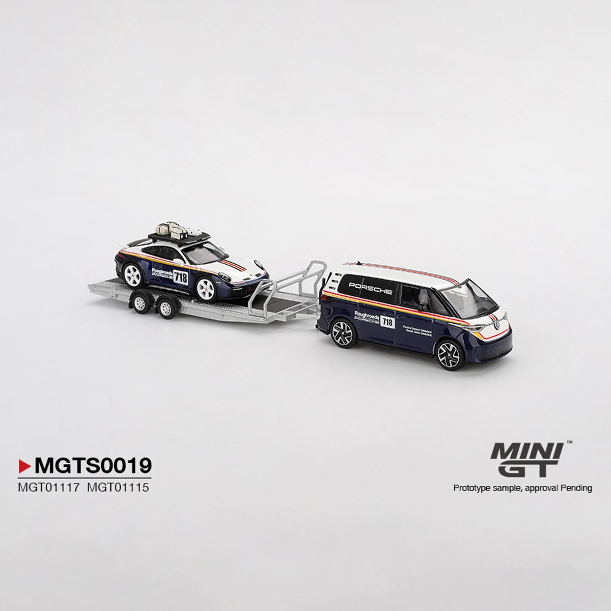 MINIGT MGTS0019 1:64 Roughroads Porsche Rally Set ID.Buzz + 911 + Trailer Limited Luxury Acrylic Display Edition Diecast Model image 6