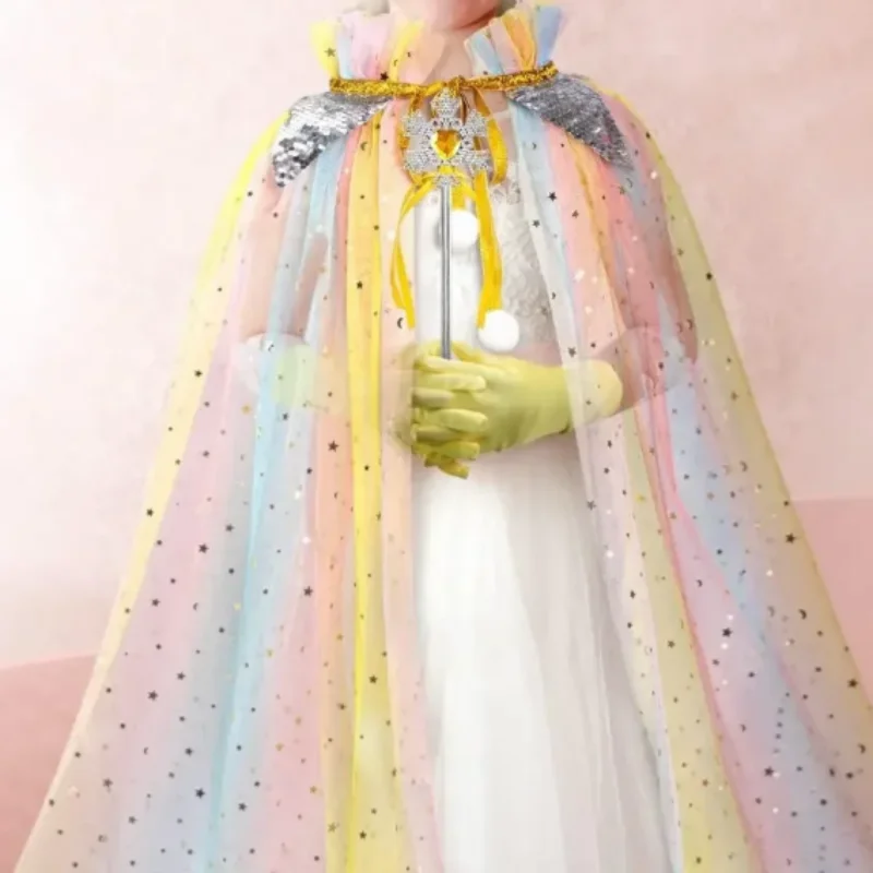Princess Mesh Sequin Cloak Shawl Fairy Gauze Cape Crown Handbag Set Birthday Party Queen Cosplay Costume Magic Wand Accessories