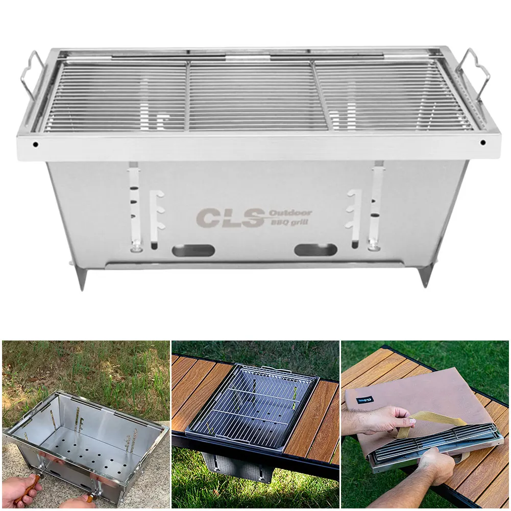 

304 Stainless Steel Barbecue Grill Heat Resist Folding Firewood Stove Space Saving Barbecue Camping Stove for Vegetable Meat BBQ
