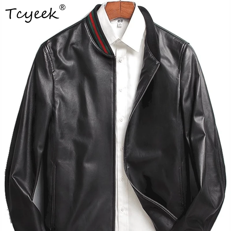 

Tcyeek Sheepskin Black Men's Thin Leather Baseball Jacket with Korean Style Fashionable Youth Short Motorcycle Leather Jacket