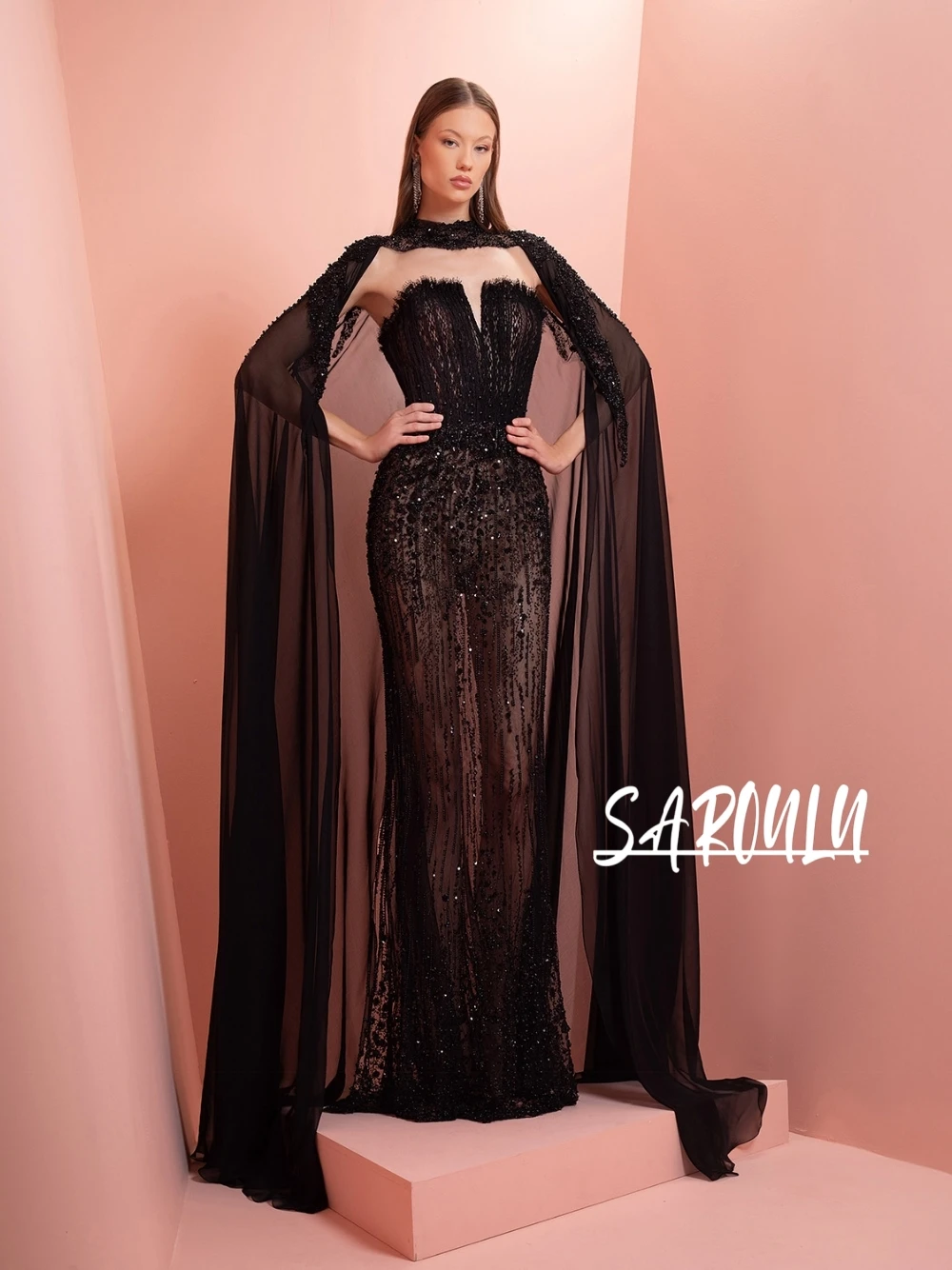 Black Illusion Glamorous Beading Evening Dress With Flowing Cape Luxe Fashionable Straight Sweetheart Neckline Cocktail Gown