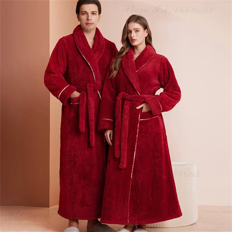 Autumn Winter Coral Fleece Robe Double Sided Thicken Flannel Couple\'s Long Home Clothes Long Bathrobe Sleepwear Loose Loungewear