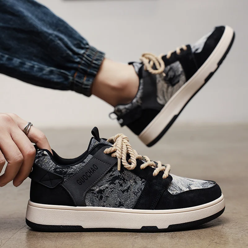 

Men's Fashionable Canvas Sneakers Spring Autumn Thick Bottom Casual Sports Shoes Student Design Trendy Black Shoes