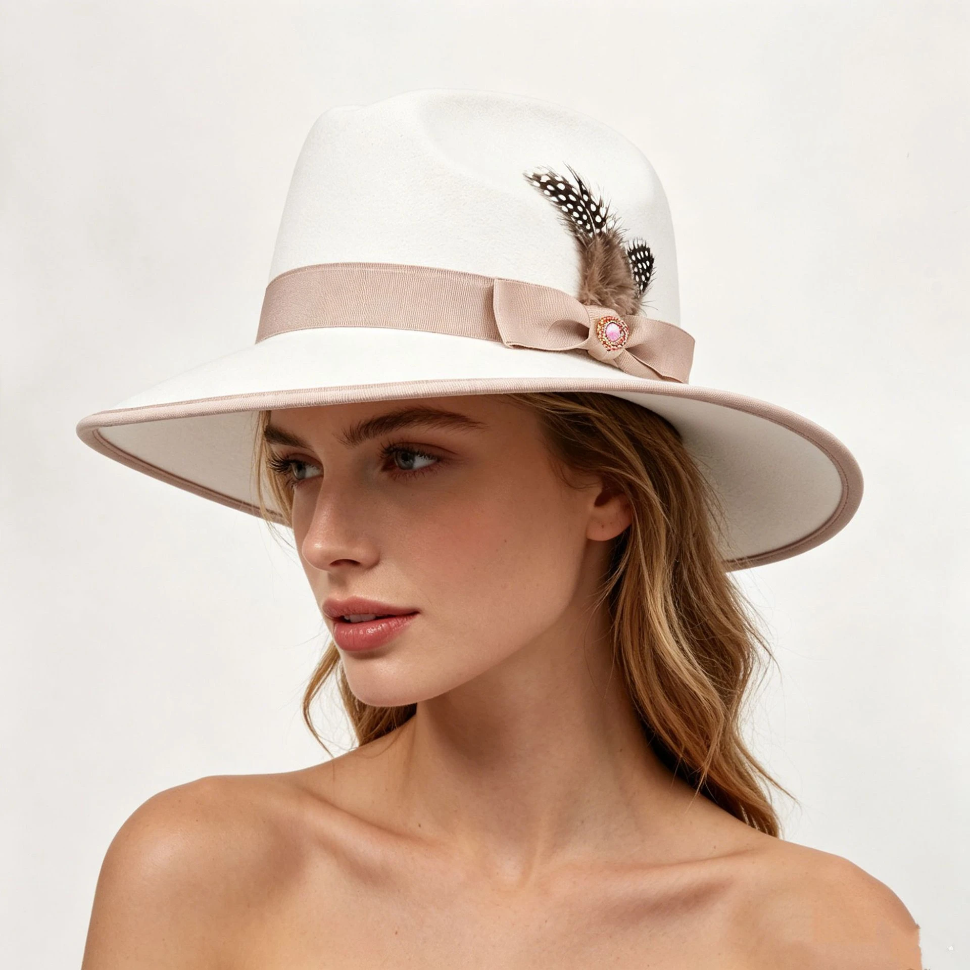 Vintage White Fedora Hat for Women Faux Felt Polyester Wide Brim Jazz Hats with spotted Feather bowknot Rhinestone Brooch Bonnet
