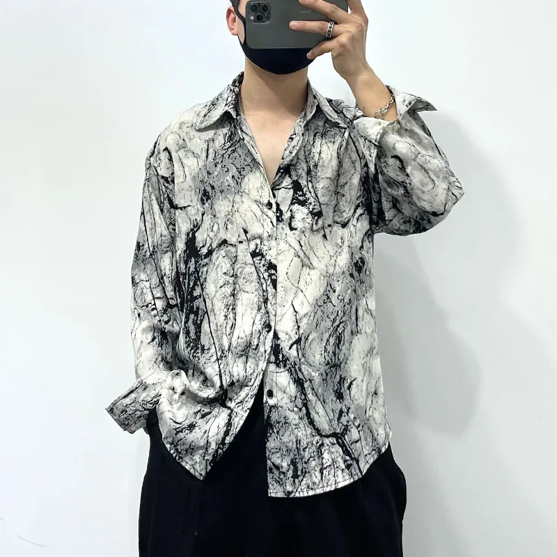 Spring and summer thin original dark irregular print loose non-ironing draping shirt men's retro ice silk shirt