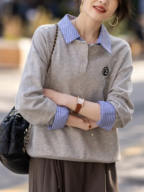 

Весна 2026: Женская свободная толстовка большого размера из чистого хлопка с воротником-стойкой, в стиле пэчворк, корейский стиль