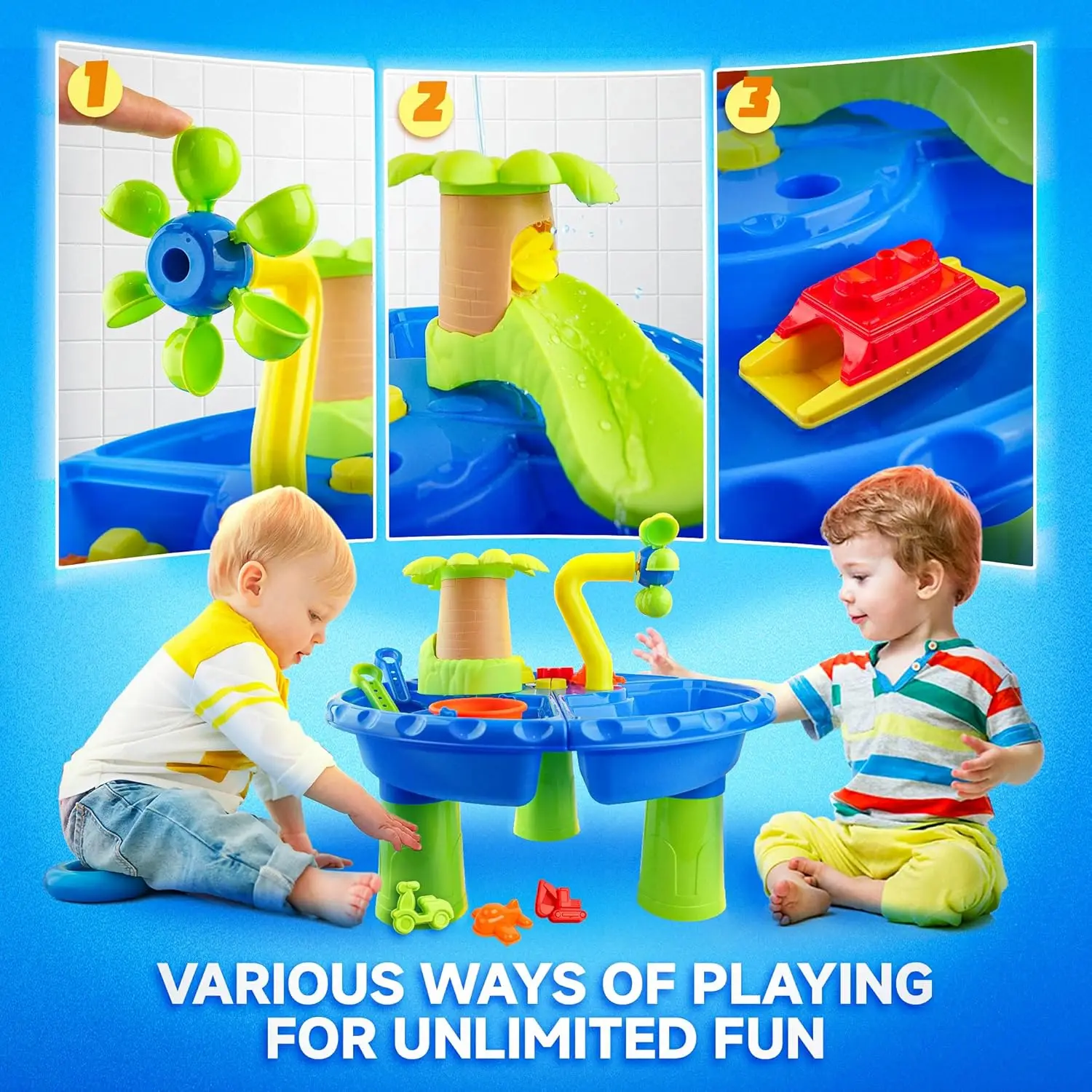 3 in 1 Kids Sand and Water Play Tables 22PCS Kids Water Table for Toddlers Watertable Outside Backyard Summer Beach Toy