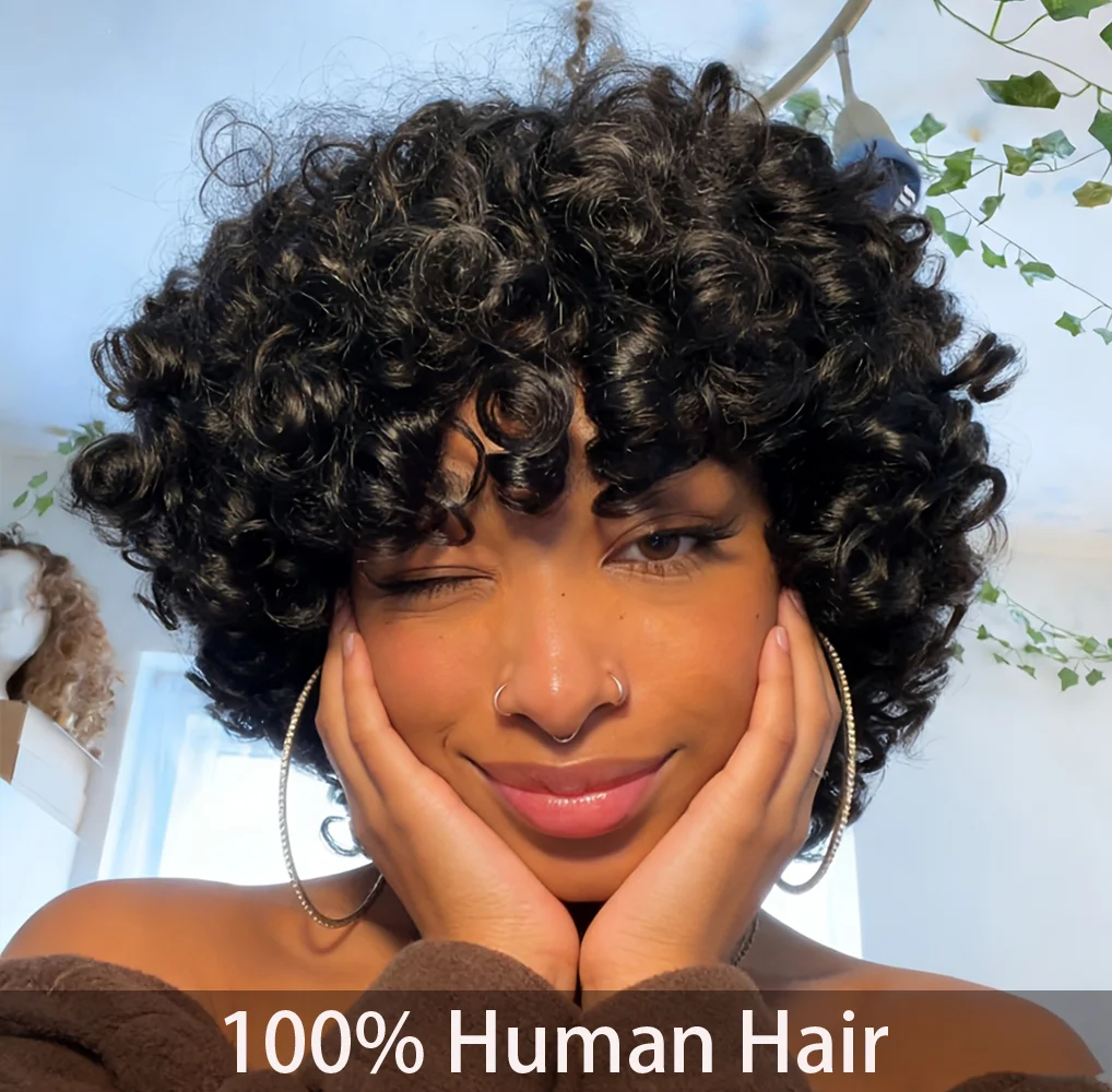 Natural Black Kinky Curly Human Hair Wig  with Bangs for Women , Full Machine Made Wig 180% Density Short Bouncy Curly Pixie Cut, Rose Net Cap for Special Occasions