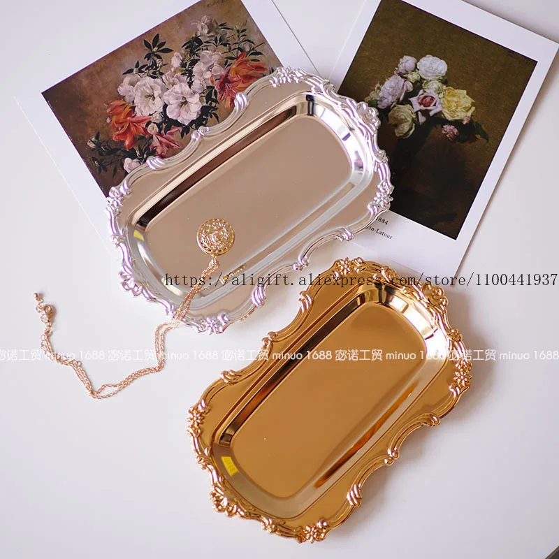 

Ретро европейская посеребренная тисненая металлическая тарелка с фруктами из нержавеющей стали, круглая и прямоугольная тарелка