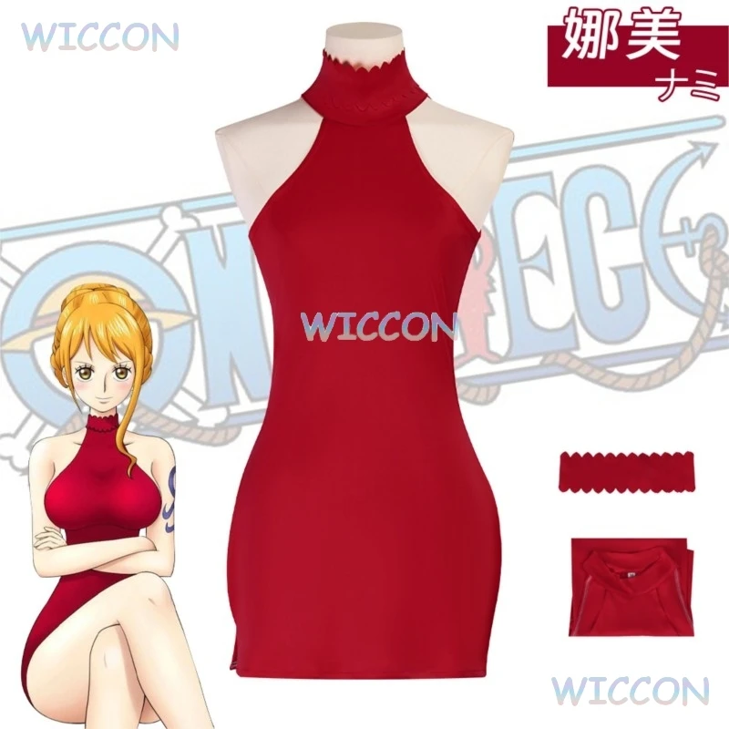 1pc Cosplay Nami Cosplay Red Dress Women Sexy Tight Dress Summer Beach Dress Halloween Party Roleplay