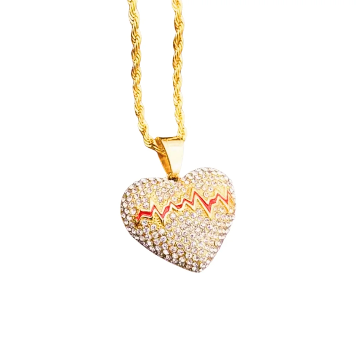 

Gold Plated Full Cubic Zircon Heart Pendant Necklace Long Rope Chain For Women Men Stainless Steel Wedding Charm Fashion Jewelry