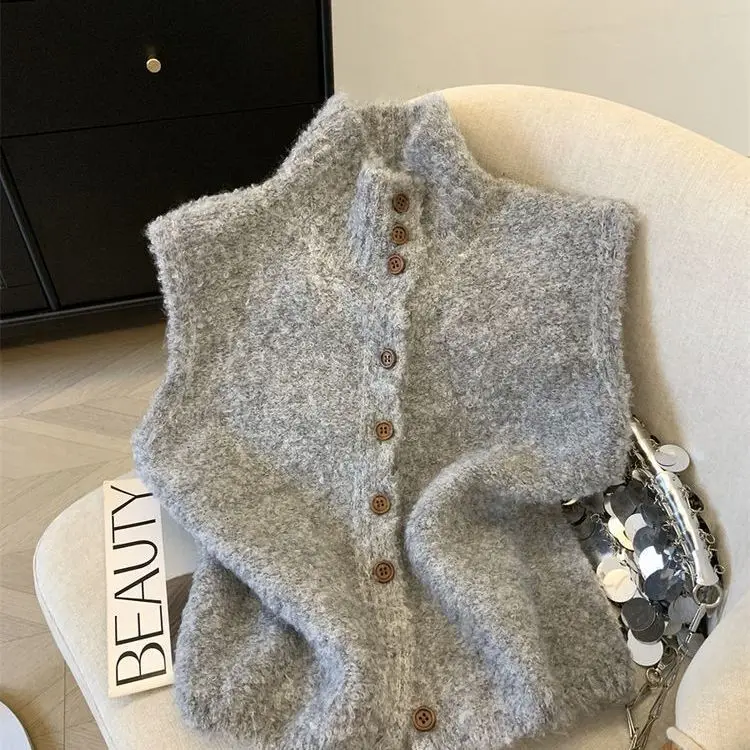 

Advanced High Necked Single Breasted Solid Color Knitted Sweater Vest Chalecos Para Mujer Women Casual Crop Cardigan