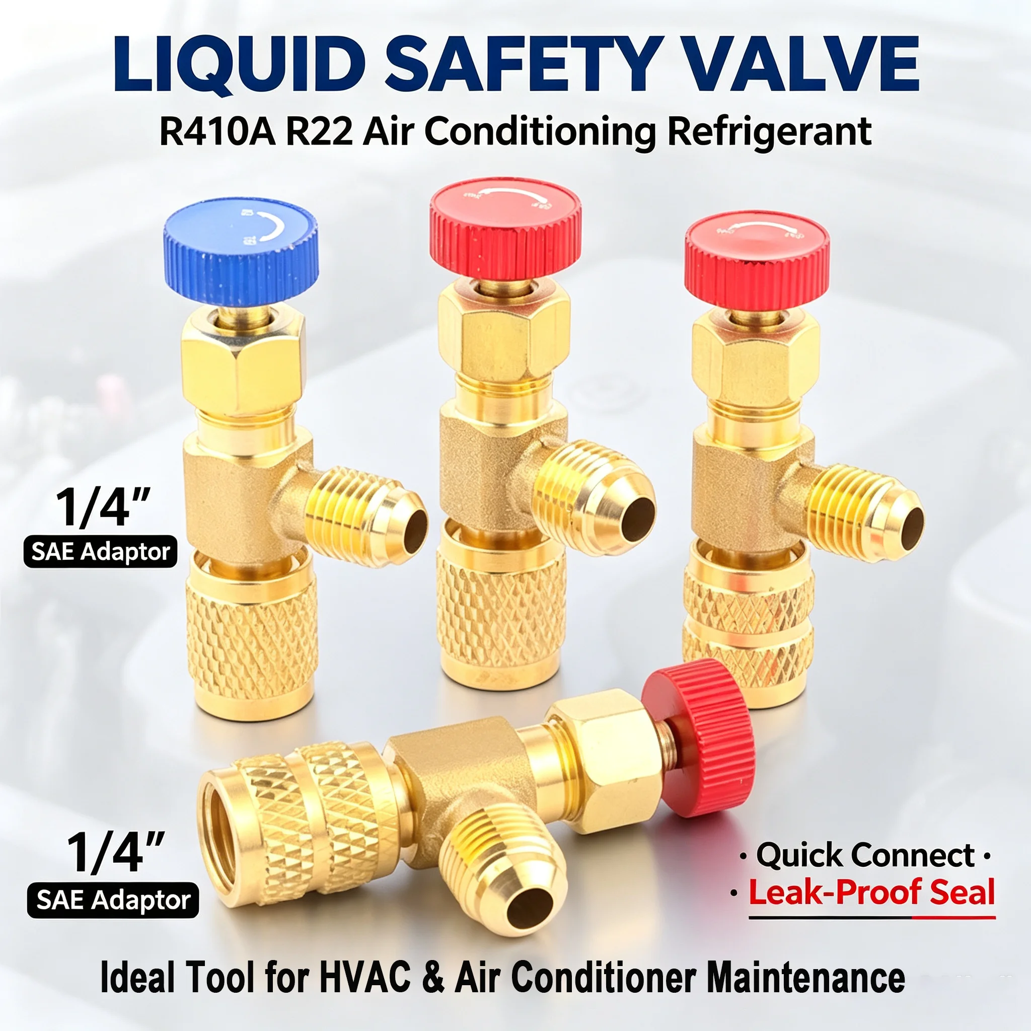 4PCS R410A R22 AC Kit, Brass Safety Valve Hose Connector with Manual Anti-Freeze Car Conditioning Repair and Charging Tools
