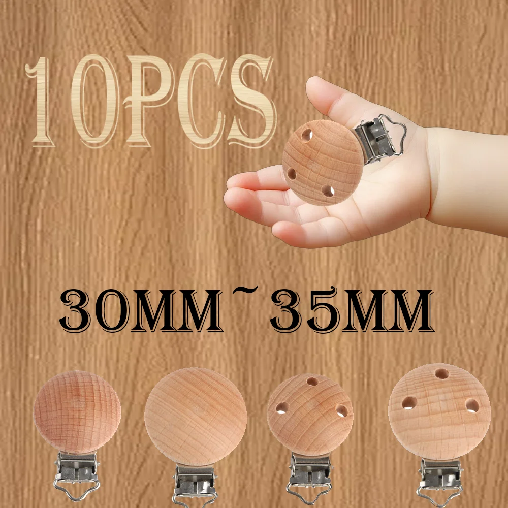 

10Pcs Natural Beech Wooden Pacifier Chain Dummy Holder Clips 30mm Round Wood Pacifier Clip Food Grade Baby Teether Chew Toys