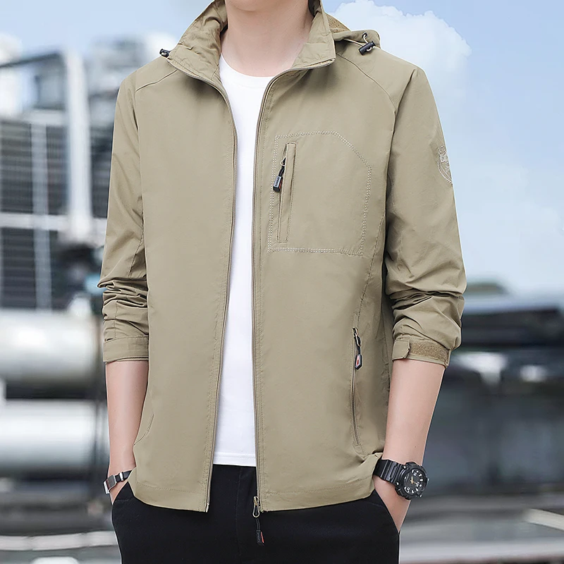 Men's Jacket Spring and Autumn New Solid Color Removable Cap Design Outdoor Adventure Loose Windbreaker Men's versatile Coat