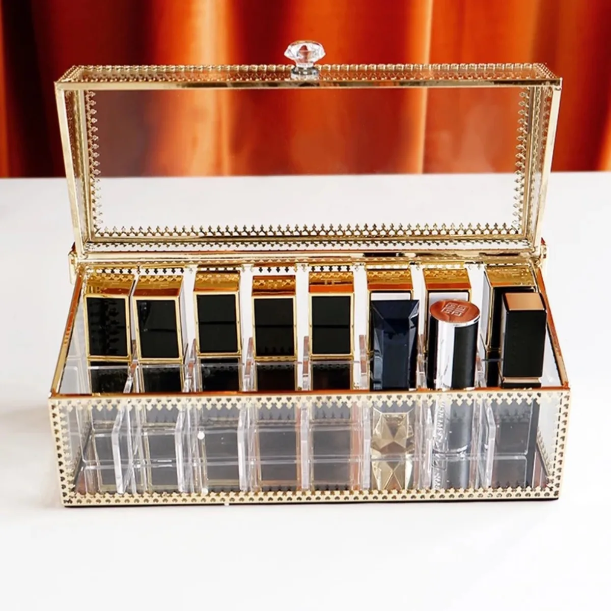 Women Golden Makeup Organizer Storage Box Glass Cosmetic Container Case for Lipstick Skin Care Nail Polish Perfume Display Stand