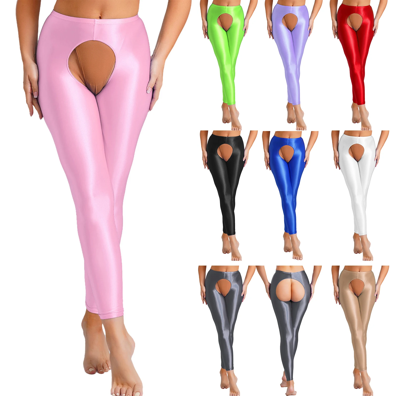 Yetişkin kadın iç çamaşırı Crothcless açık popo Legging yüksek bel Slim Fit parlak tayt pantolon erotik cazip porno külot