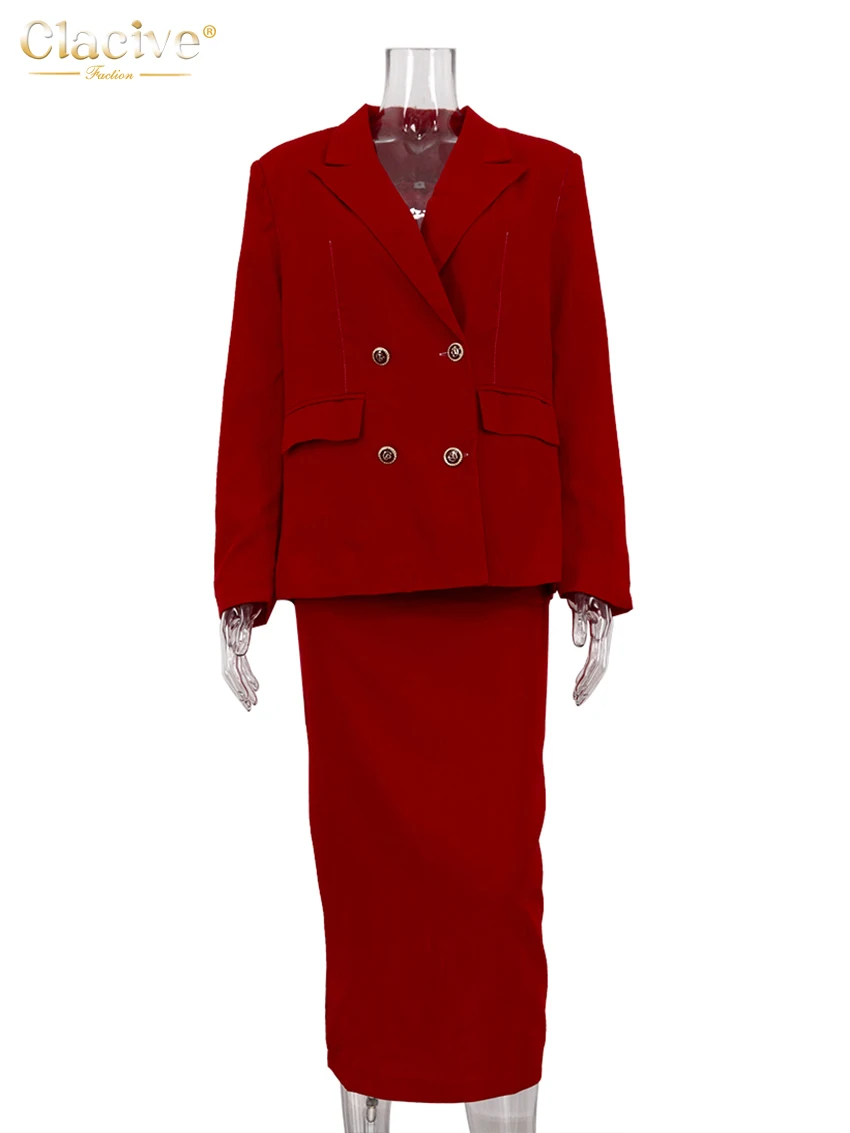 Clacive Fashion Loose Red Office 2-częściowy strój damski 2025 Eleganckie marynarki z długim rękawem i rozcięciem w talii Spódnica midi Zestaw — zdjęcie 6