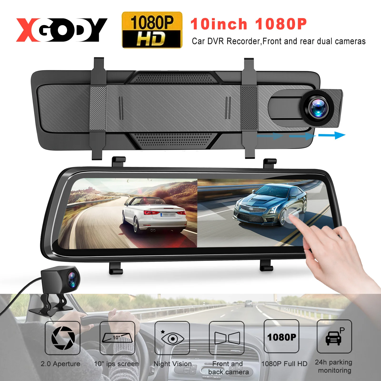 10'' Mirror Dash Cam 1080P Car Video Recorder Touch Screen Front & Rear Dual Lens with TF Card