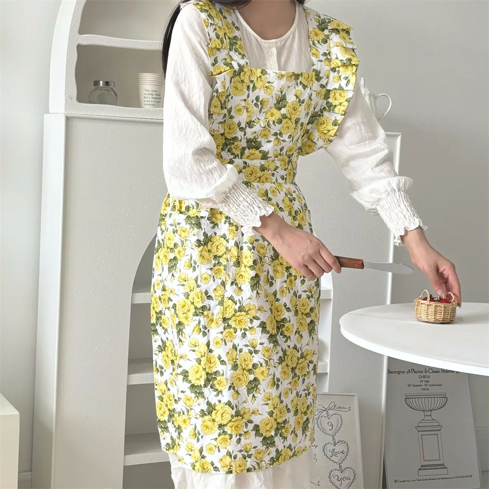 

Flower Print Ruffle Aprons Painting Floral Coffee Shop Handmade Apron Kitchen Garden Work Smock Women's Sweet Cotton Apron