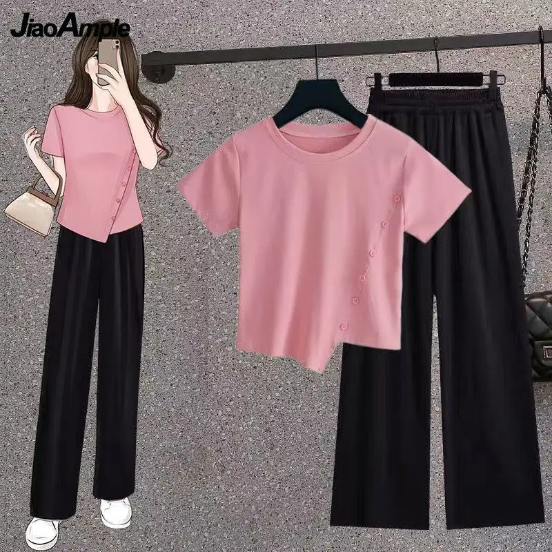Women's Tracksuit 2025 Summer New Irregular T-Shirt + Sexy High Waist Pants Two Piece Korean Elegant Short Sleeve Trouser Suit